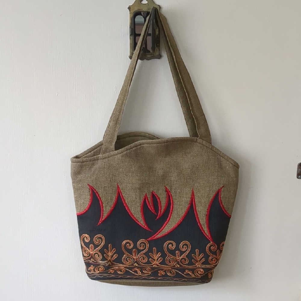 Embroidered Nepali Tan and Black Tote Bag